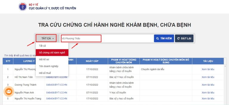 HƯỚNG DẪN TRA CỨU CHỨNG CHỈ HÀNH NGHỀ DƯỢC ONLINE NHANH CHÓNG NHẤT bam tat ca chon cac muc
