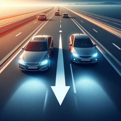 two cars overtaking with an arrow indicating the overtaking lane for the car behind